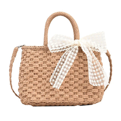 Luxury Designer Women's Hand Woven Straw Bag Summer New Bohemian Beach Seaside Travel Handbag Lace Bow Drawstring Tote Picnic