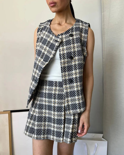 Women Retro Plaid Pleated Culottes Sets Lady Casual Sleeveless Single Breasted Slim Short Vest Suit 2026 Daily Commute Outfits