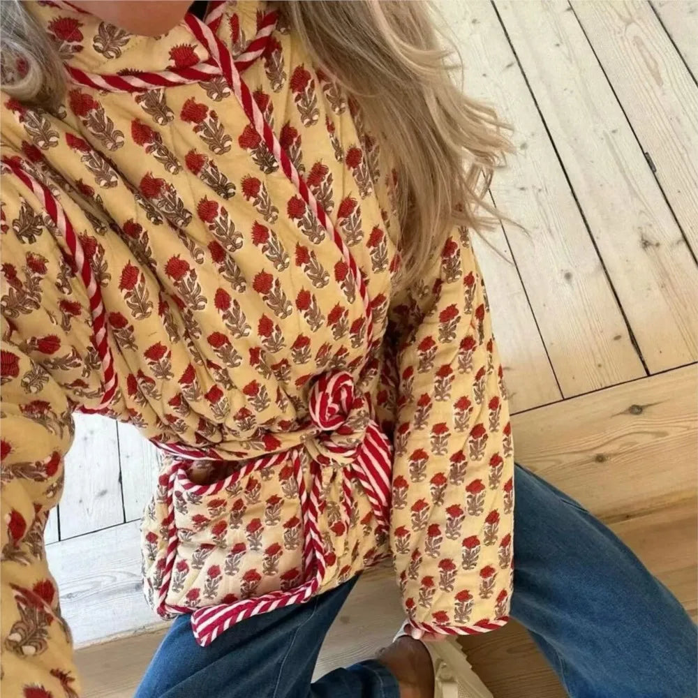 Autumn Winter Totem Flower Striped Print Tie Bow Sashes Quilted Reversible Coat Women Quilting Full Sleeve Loose Jacket