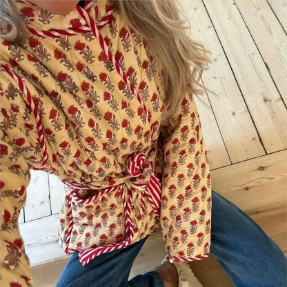 Autumn Winter Totem Flower Striped Print Tie Bow Sashes Quilted Reversible Coat Women Quilting Full Sleeve Loose Jacket