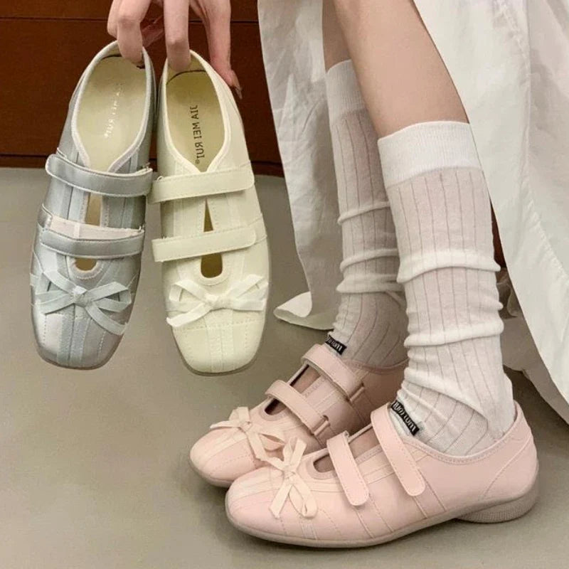 Sweet Pink Bow Ballet Flats Women Fashion Double Narrow Band Design Brand Mary Jane Shoes Comfort Round Toe Shallow Casual Shoes
