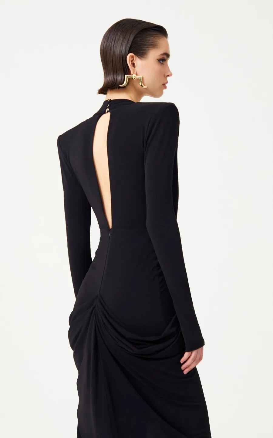Deep V-Neck Padded Shoulder Butterfly Applique Draped Maxi Gown