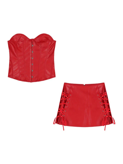 Spicy Girl Red Sexy Bra Vest Women's Summer Set Skirt Tie Up Hip Wrap Skirt Short Skirt Half Two Piece Set