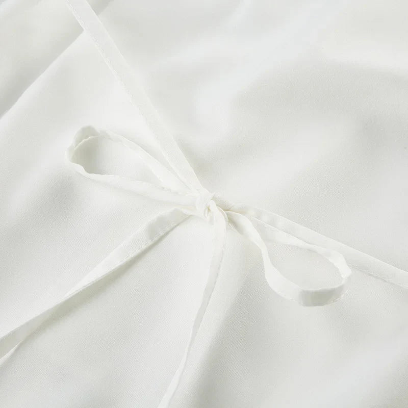 Spring Summer French Style V-Neck Pleated Blouse With Waist Tie Lightweight Solid Color Cardigan Top Casual Office Wear