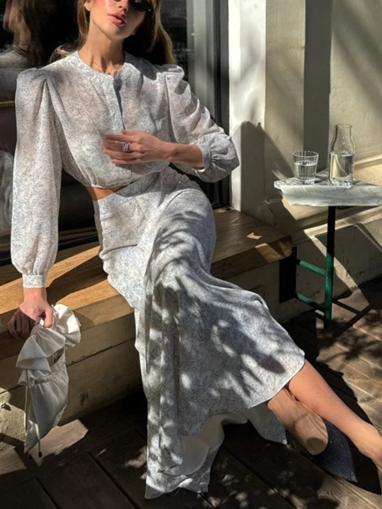 Commute Printed Female 2 Piece-Set Long Skirt Patchwork High Waist Short Top And Slim Maxi Skirt Sets New Women's Outfits