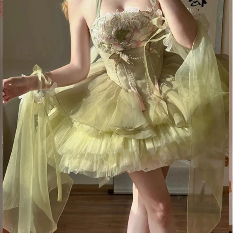 Green ballet style embroidery national light luxury sweet dress