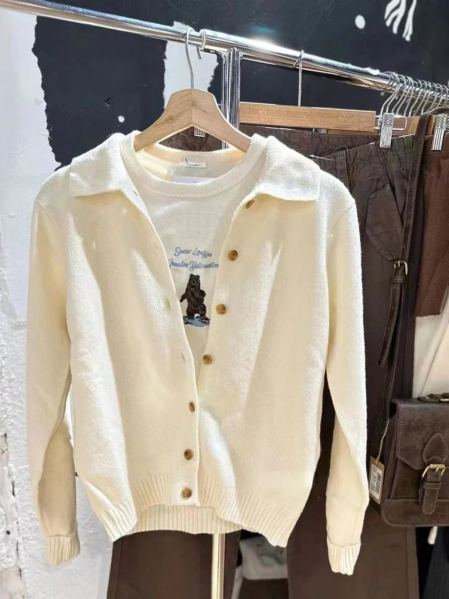 Vintage Button Soft Knitted Cardigan Femme Autumn Cotton Warm Turn Down Collar Sweaters Coat Harajuku Casual Women Sweater Tops