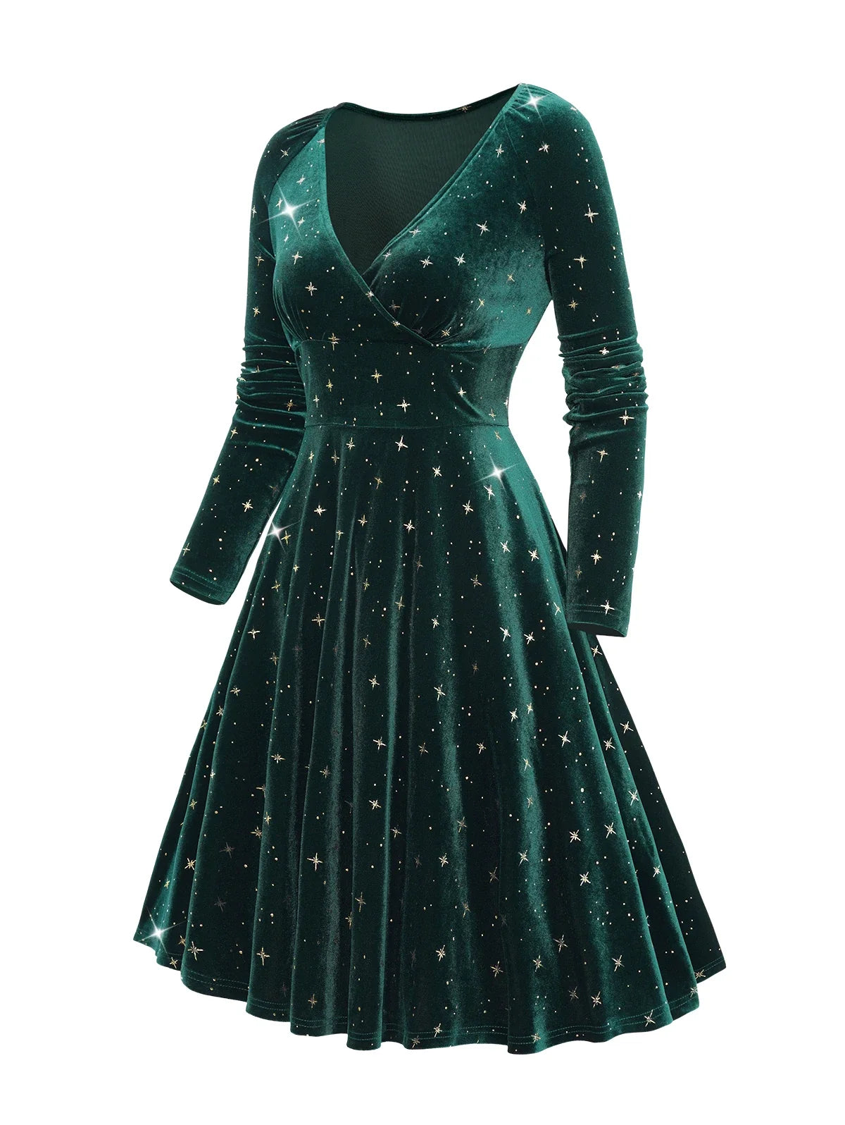 Womens Fall Winter Dresses Embellished Star Print Wrap Front Elastic Shoulder Velvet Long Sleeve Dress New Green Dresses