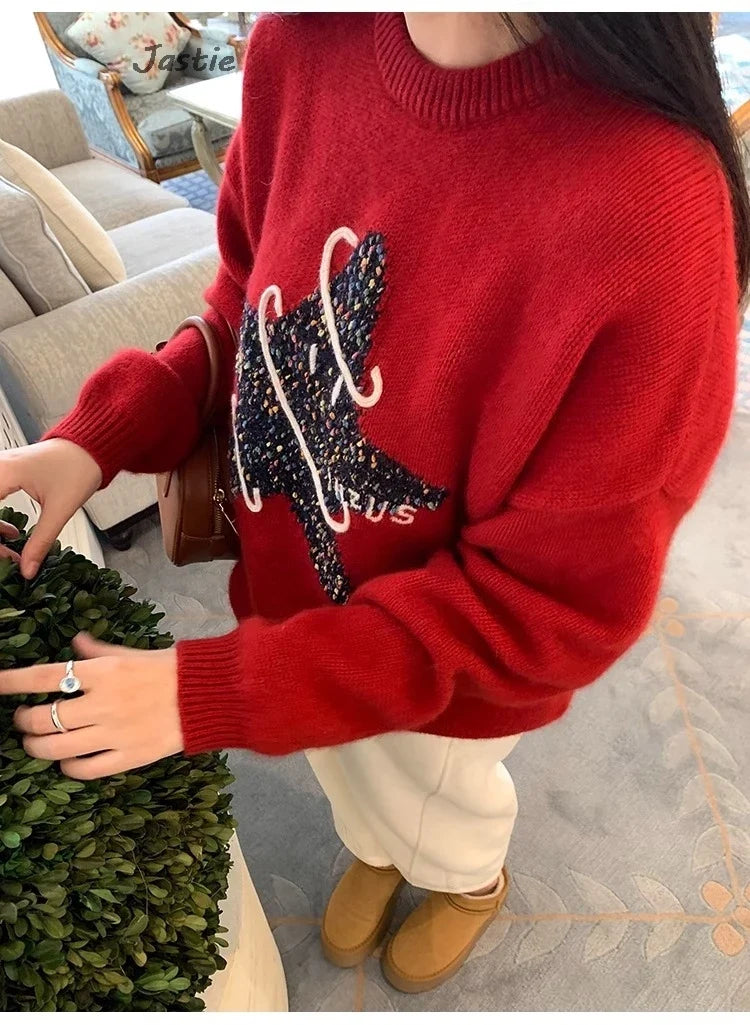 Creative Star Jacquard Cute Christmas Sweater 2025 New Round Neck Fashion Women Winter Pullover Top