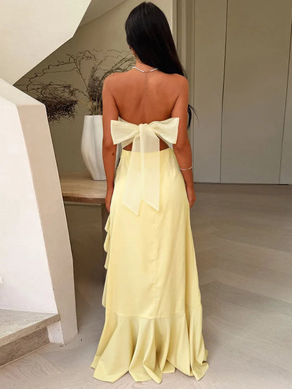 Off-shoulder Strapless Ruffled Sexy Maxi Dress Women Summer Fashion Backless Bow Thigh High Split Club Long Dress