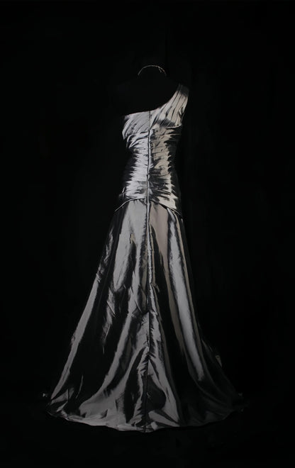 Stylish Grey Prom Dress Slim Fit A-Line Taffeta Pleated One-Shoulder Sleeveless Backless Formal Occasion Party Evening Dress