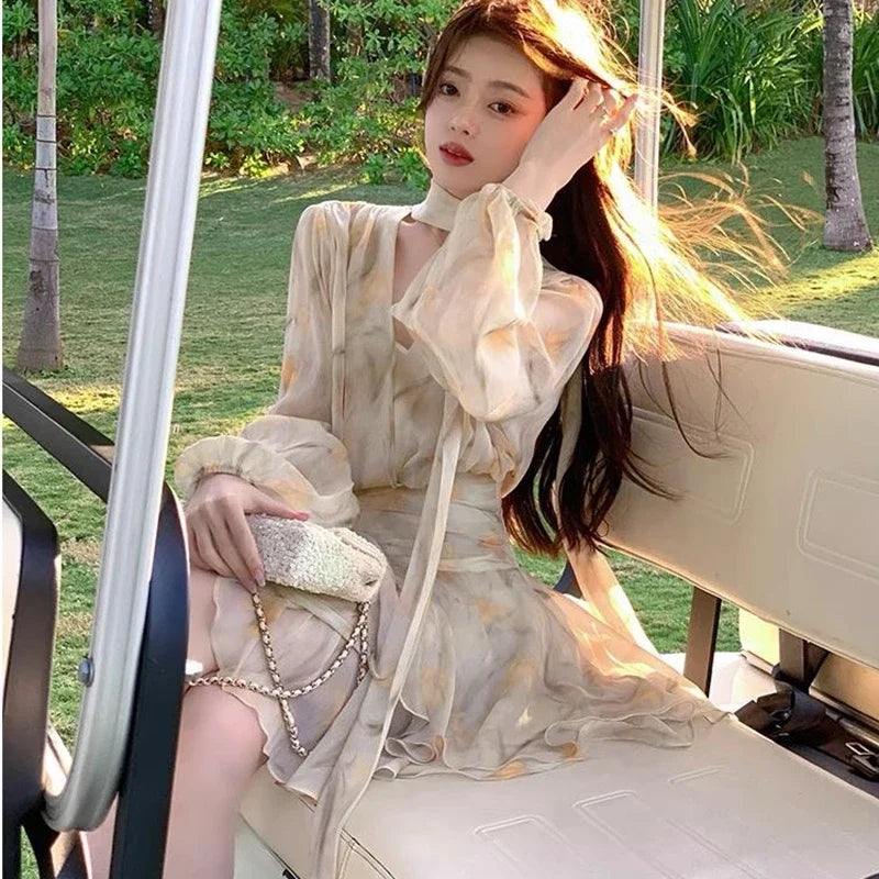 New Holiday Dress Women Summer Long Sleeve V-Neck Bubble Sleeve Chiffon Beach Printed Dress Irregular Fairy Dress Boho