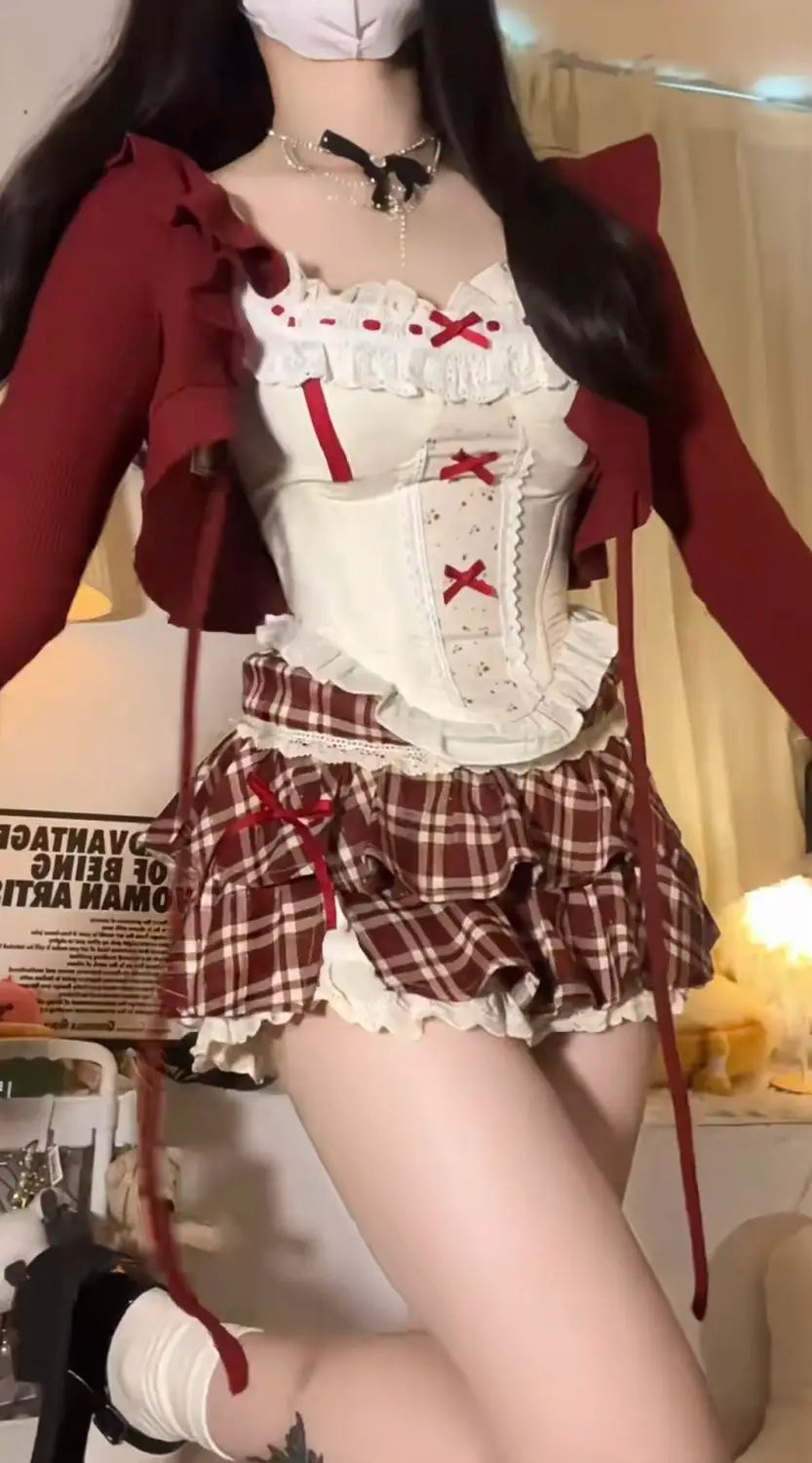 Autumn Vintage Slim 3 Piece Set Women Sweet Cute Lace Patchwork Vest+Solid Cardigan Female Design Chic Plaid Mini Skirt Suit New