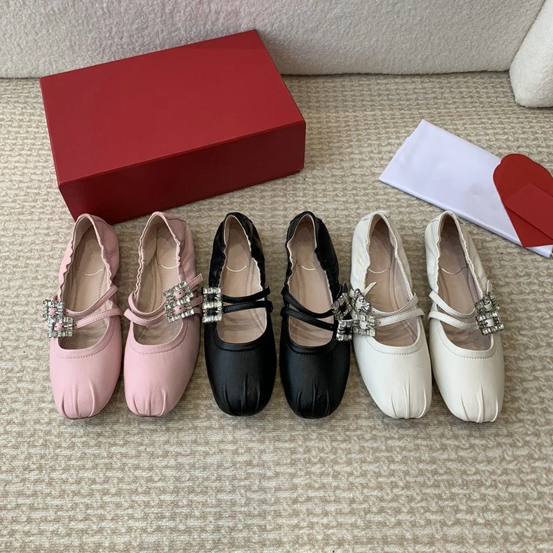 Casual Woman Shoe Square Toe Shallow Mouth Female Footwear Crystal Buckle Round New Dress Rhinestone Rubber Leisure Microfiber P