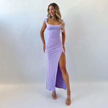 Square Neck Slim Slit Long Dress For Women Sleeveless Irregular High Waisted Backless Summer Solid Color Evening Dress