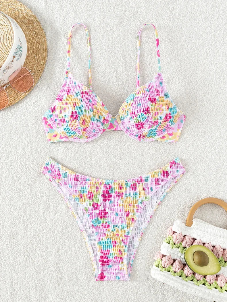 Sexy Bandeau Push Up Bikini Set Ruched Bikinis Swimwear Women Underwired Swimsuit 2 Piece Bathing Suit Beachwear Female Biquini