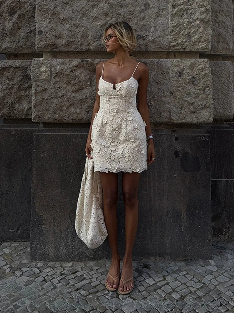 Chic Flower Suspender Short Women's Dress With Backless Slim A-line Dresses 2025 Summer Street Holiday Ladies' Short Robe
