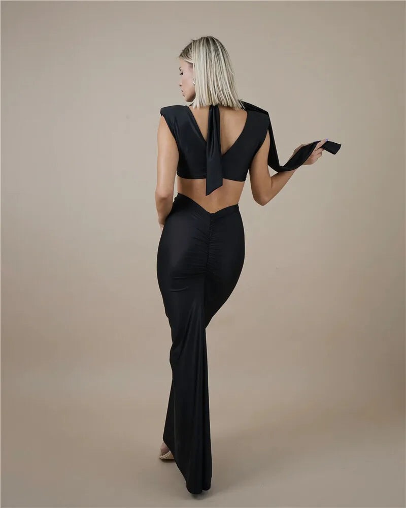 Mock Neck Structured Shoulder Waist Cutout Satin Maxi Gown