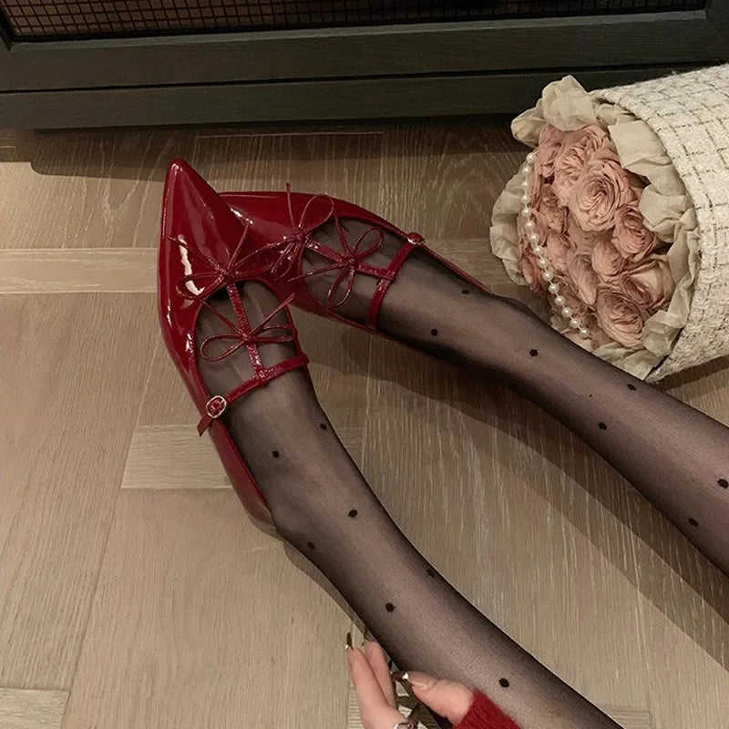 T-strap Pointed Toe Flats Shoes Women Bowtie Buckle Strap PU Leather Elegant Red Mary Janes Shoes Ladies Party Black Pumps 2025