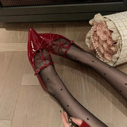 T-strap Pointed Toe Flats Shoes Women Bowtie Buckle Strap PU Leather Elegant Red Mary Janes Shoes Ladies Party Black Pumps 2025