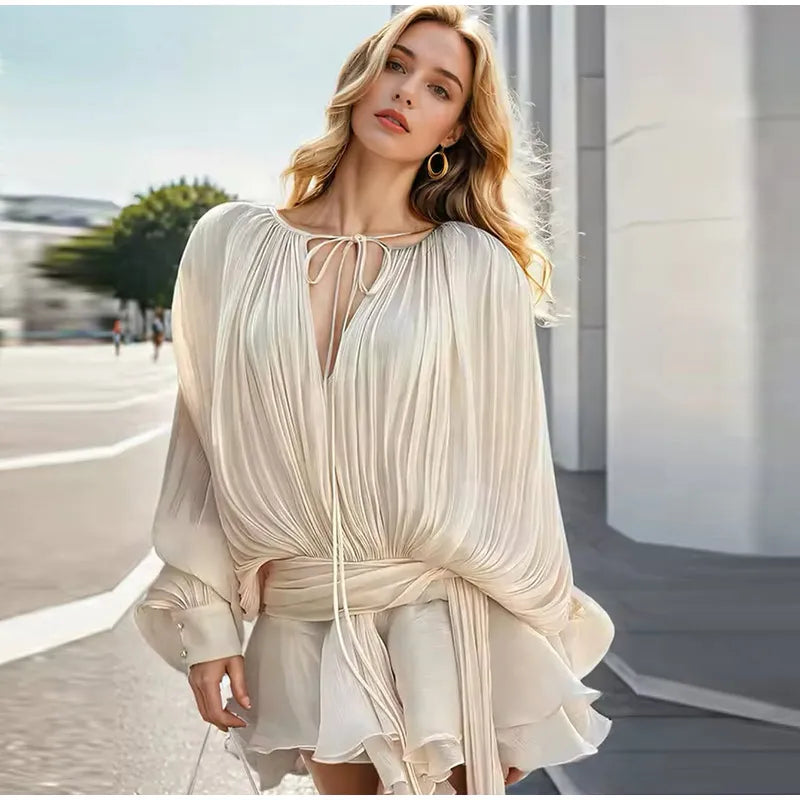 Keyhole Tie Neck Pleated Bishop Sleeve Tiered Ruffle Skirt Set