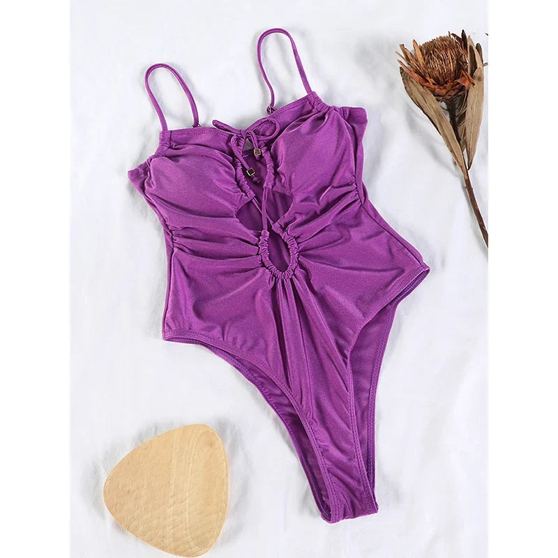 Sexy One Piece Suits String Swimsuit Women 2024 Hollow Out Swimwear Bandage Bathing Suit Pink Monokini High Cut Beachwear Summer