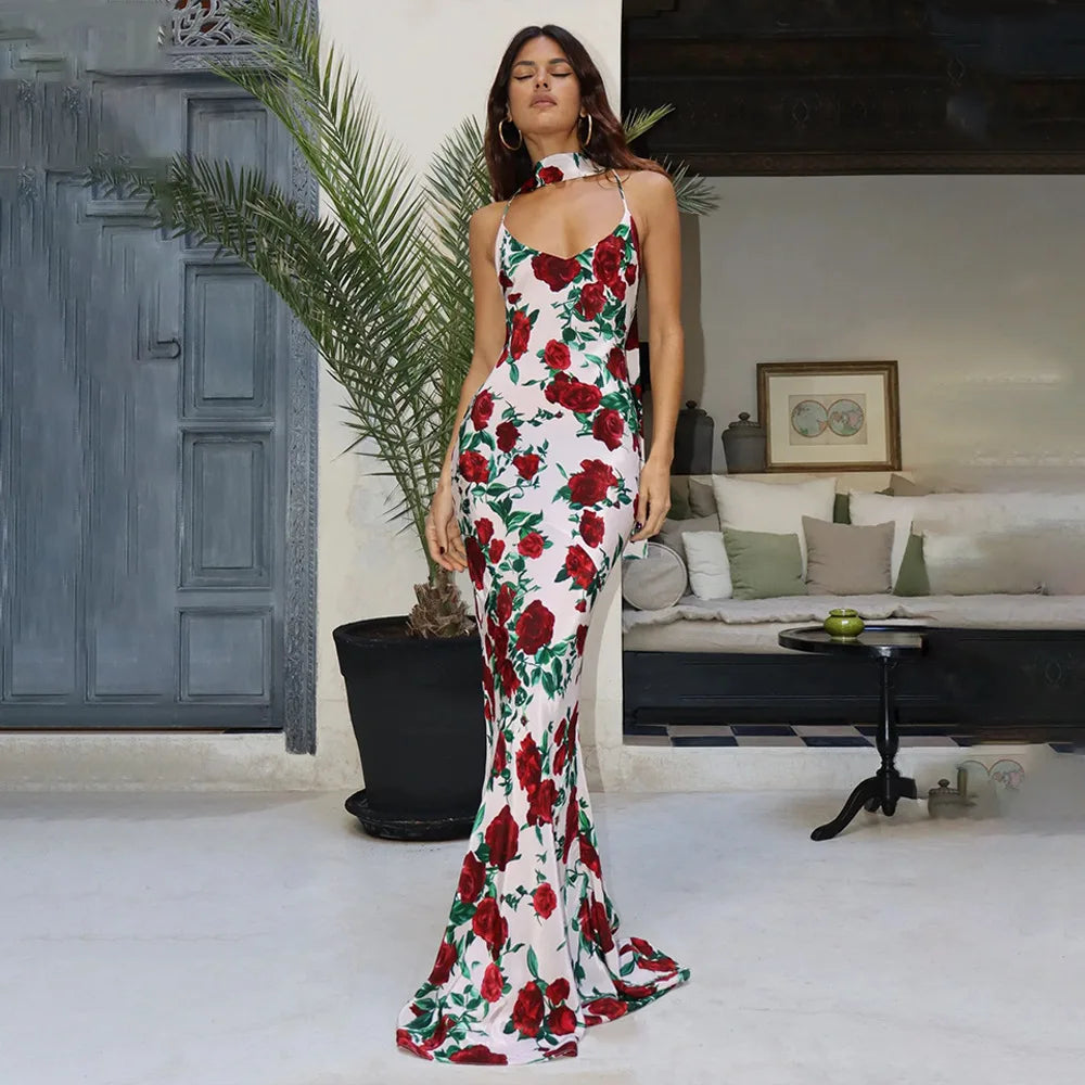Deep V Spaghetti Strap Floral Print Bodycon Maxi Dress