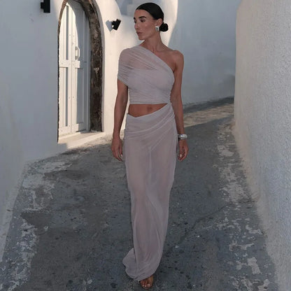 One Shoulder Mesh Draped Crop Top High Slit Maxi Skirt Set