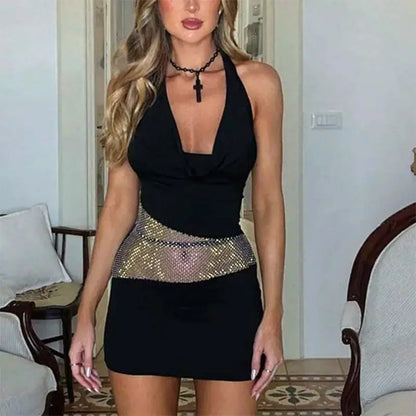 European and American Women's Clothing Hot Girl Sparkling Patchwork Halter-neck Dress Cross-border Sexy Backless Lace-up Dress