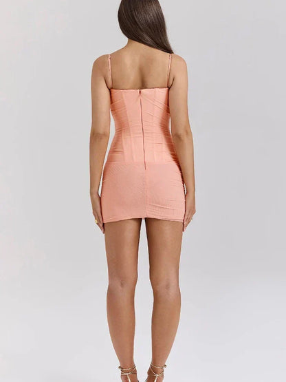 Ruched Mesh Spaghetti Strap Corset Mini Dress