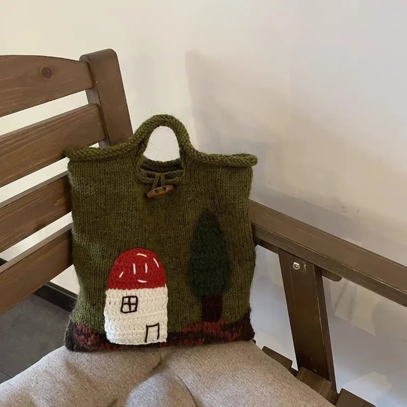 Cartoon Knitted Kawaii Girls Top-Handle Bags Japanese Sweet Y2k Aesthetic Vintage Handbags All Match Women Casual Cute Purses