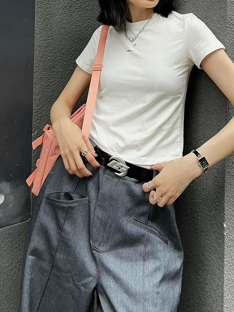Solid Draped Wide Leg Suit Pants Women Pleated Stitch Pockets Loose High Waist Gray Casual Trousers Cleanfit OL Streetwear
