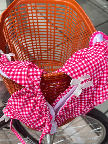 Plaid Print Bikinis Bow Swimwear Women Swimsuit Triangle Bikini Set Bandage Bath Suit Low Waist Thong Beachwear New Biquini