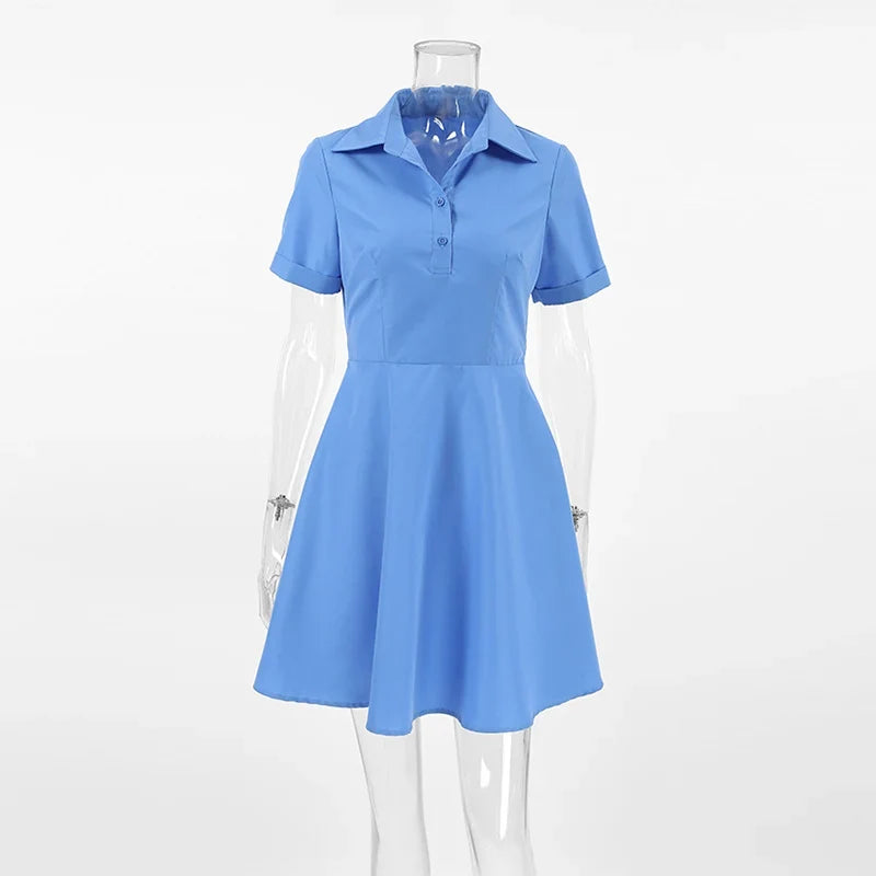 Elegant Blue Lapel Short Dresses Women Versatile Chic Slim Fit Full Sleeve Single Breasted Mini Dress Female Chic Street Daily