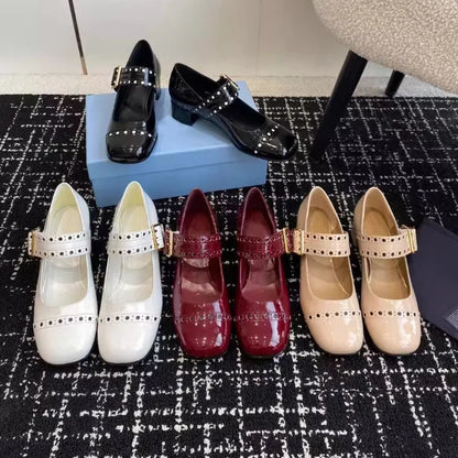 French Mary Jane Thick Heel Women's Shoes Hollow Out Spring 2025 Fashion Patent Leather Metal Buckle Office Dress Pumps Vintage