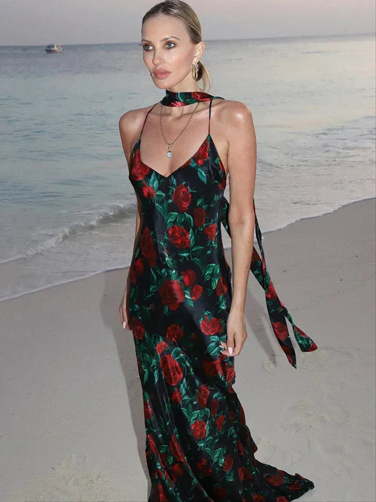 Deep V Spaghetti Strap Floral Print Bodycon Maxi Dress