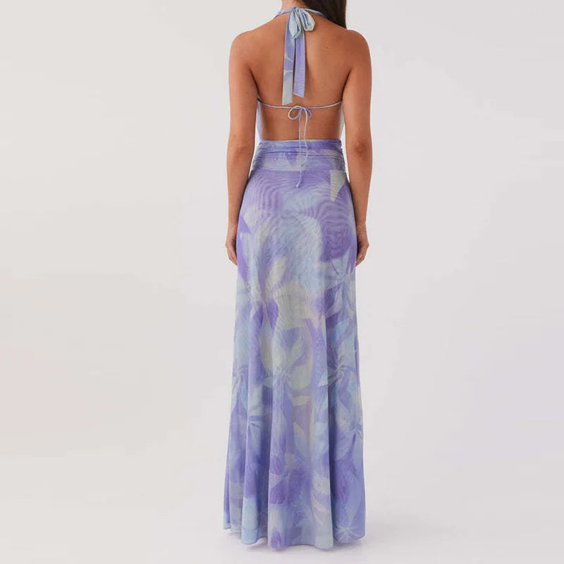Sexy Sleeveless Printed Swinging Collar Tops&Half Skirts Sets Elegant Backless Vest High Waisted Skirts 2PC Sets Summer Outfits