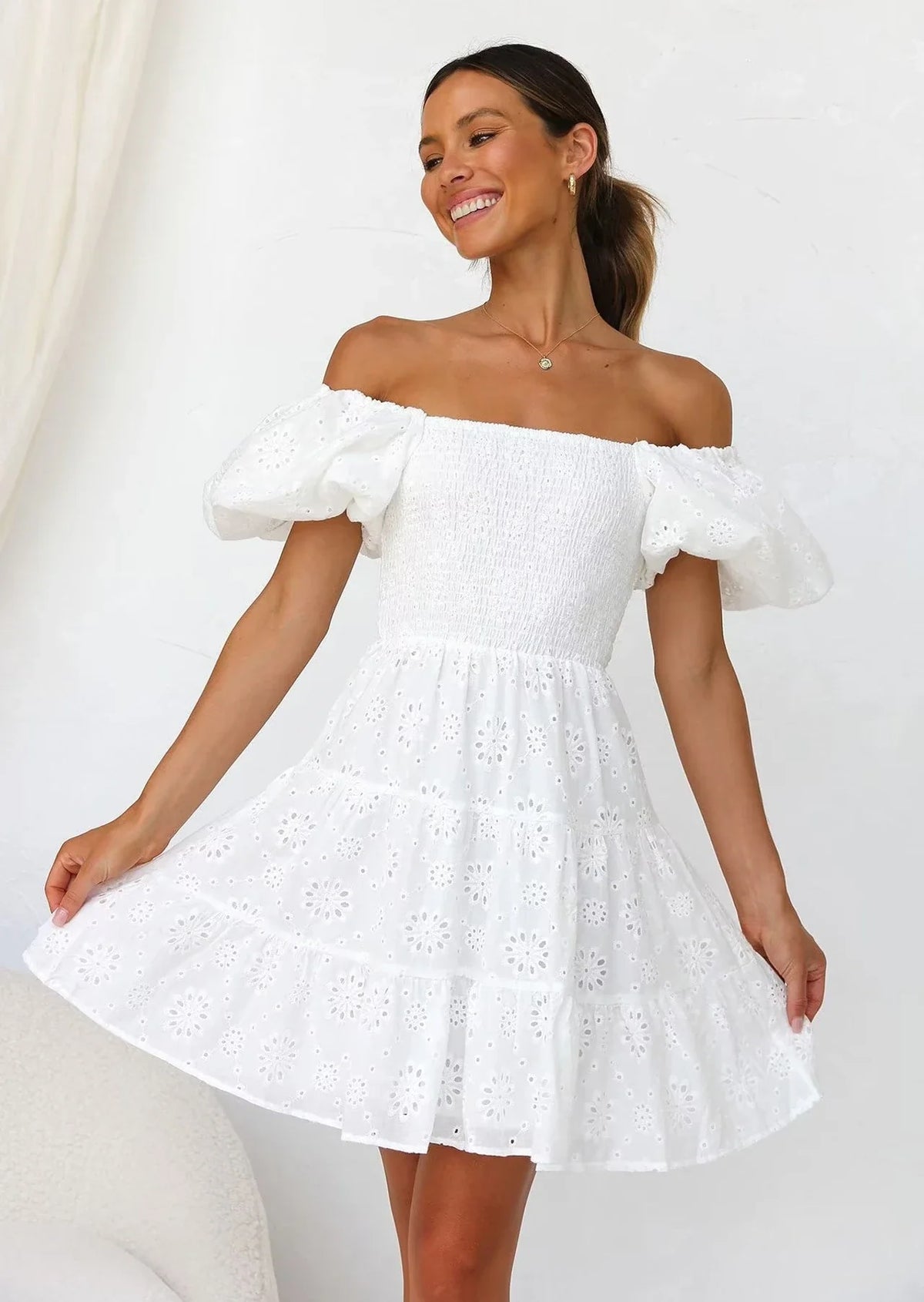 White Floral Embroidery Lace Mini Dresses for Women Off Shoulder Puff Sleeve Shirred Chest Short Dress Summer Boho Beach