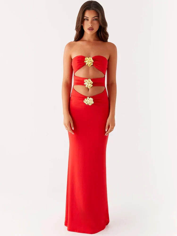 Strapless Waist Cutout Metal Floral Hardware Column Maxi Gown