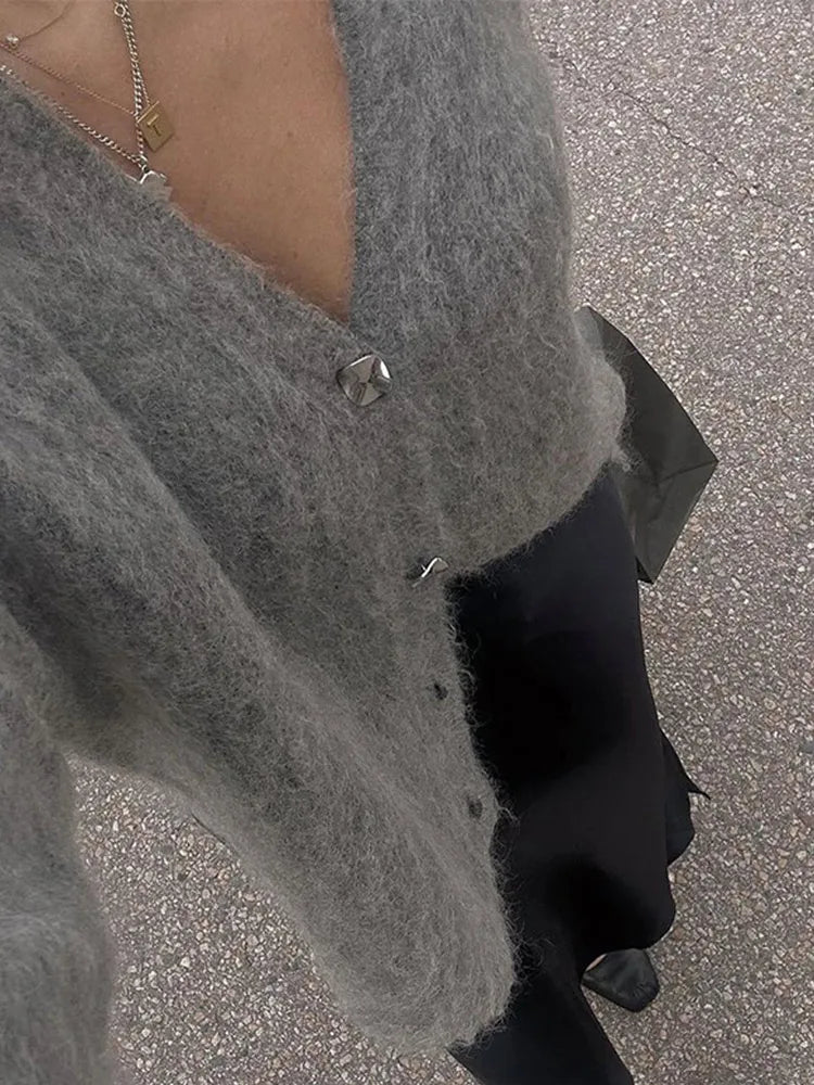 Knitted Cardigans Women Single Breasted Chic V-neck Loose Long Sleeve Sweater Winter Gray All-match Coat Tops