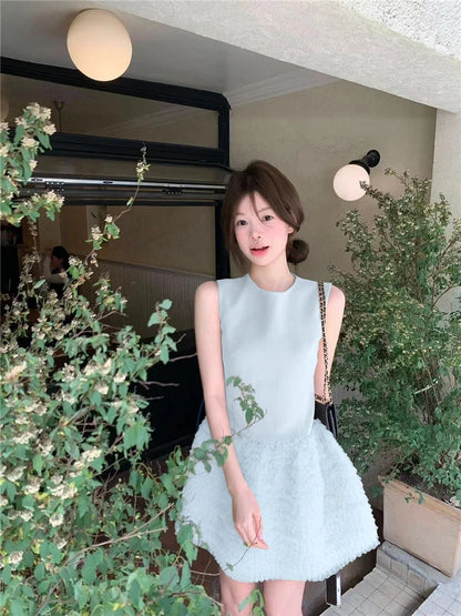 Summer O-Neck Mini Dress Party Dress Fashion Layered Mesh Patchwork Sleeveless A-Line Tank Dress