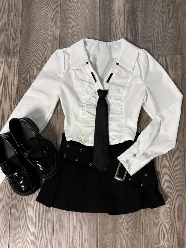 Simple V-neck Slim Fit Long Sleeve White Shirts Women+ Y2k High Waist Ruched Black Skirts Summer New Two Piece Sets