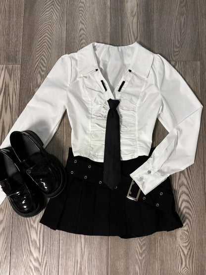 Simple V-neck Slim Fit Long Sleeve White Shirts Women+ Y2k High Waist Ruched Black Skirts Summer New Two Piece Sets