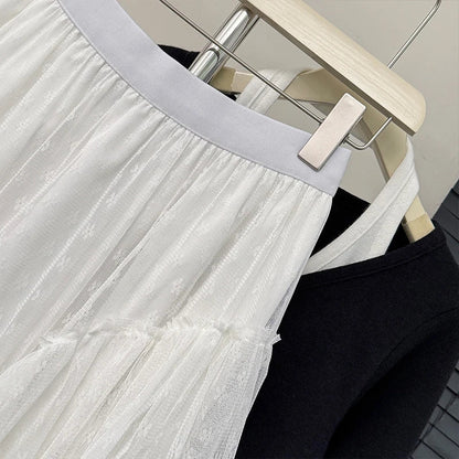 Korean style Beige Maxi Long Tulle Skirt Women Spring Summer Mesh Big Hem A-line Skirt Female Party Skirt Clothes