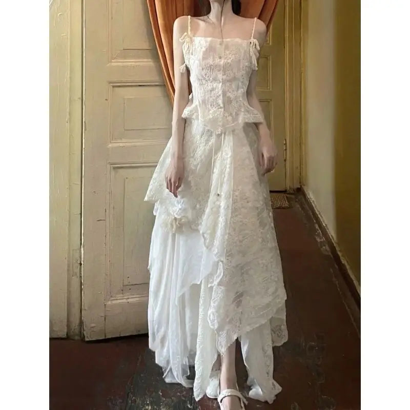 2024 Summer New Style High-grade Elegant Palace Embroidered Flower Sling Top Irregular Skirt Senior Suit