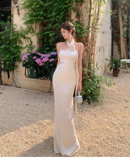 Stunning Strapless Gown Women's Summer Sexy Backless Sash Long Dress Banquet Silk Evening Gown Slim Fit Wrap Style without Sl...