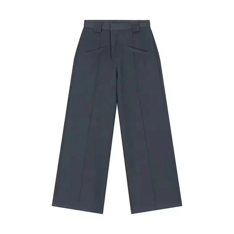 Solid Draped Wide Leg Suit Pants Women Pleated Stitch Pockets Loose High Waist Gray Casual Trousers Cleanfit OL Streetwear