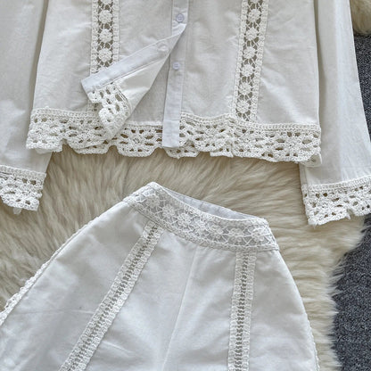 Crochet Patchwork Shorts Sets Women Single Breasted Lapel Collar Long Sleeve Blouse Summer Casual Fashion White Two-piece Set
