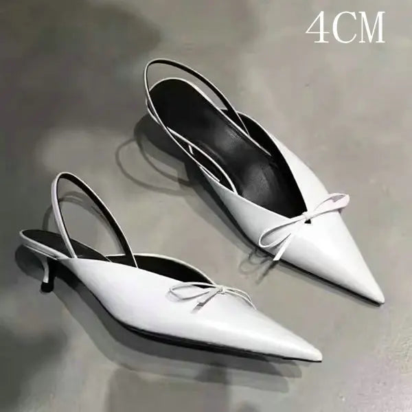 Super Hot Pointy Bow V-Top Skinny Heel Bun Towing Summer Muller Shoes Fashion Leather Low Heel Pumps