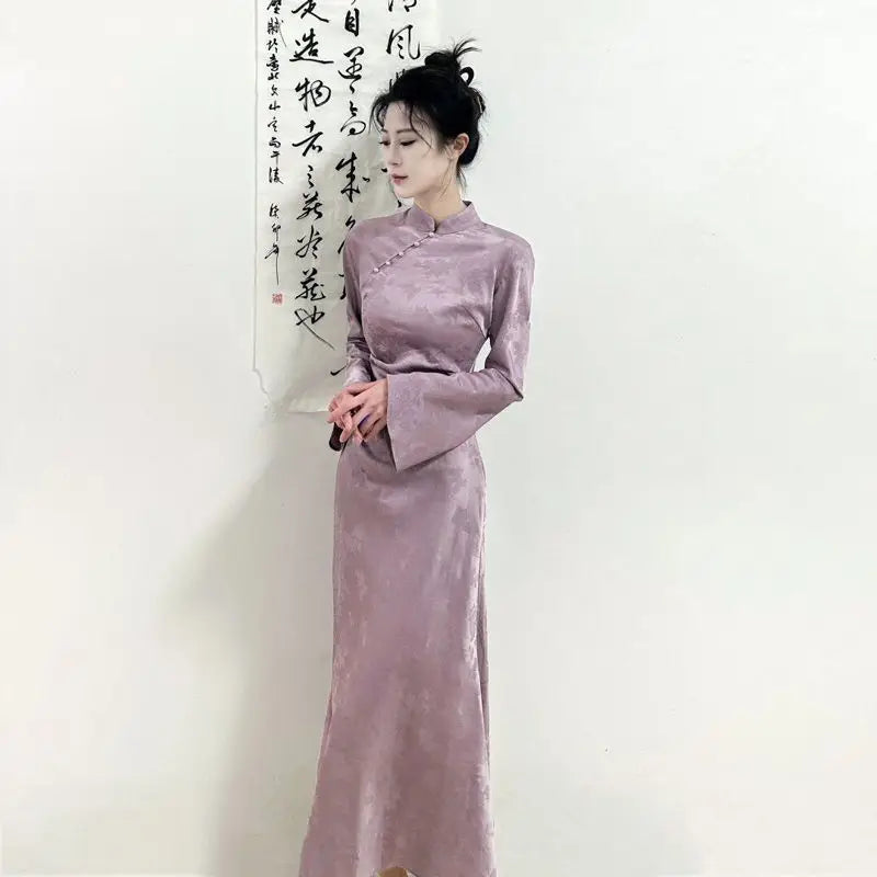 New Chinese Style Folding Stand Collar Dress Autumn Waist-lifting Modified Cheongsam Women's Temperament Long Dresses